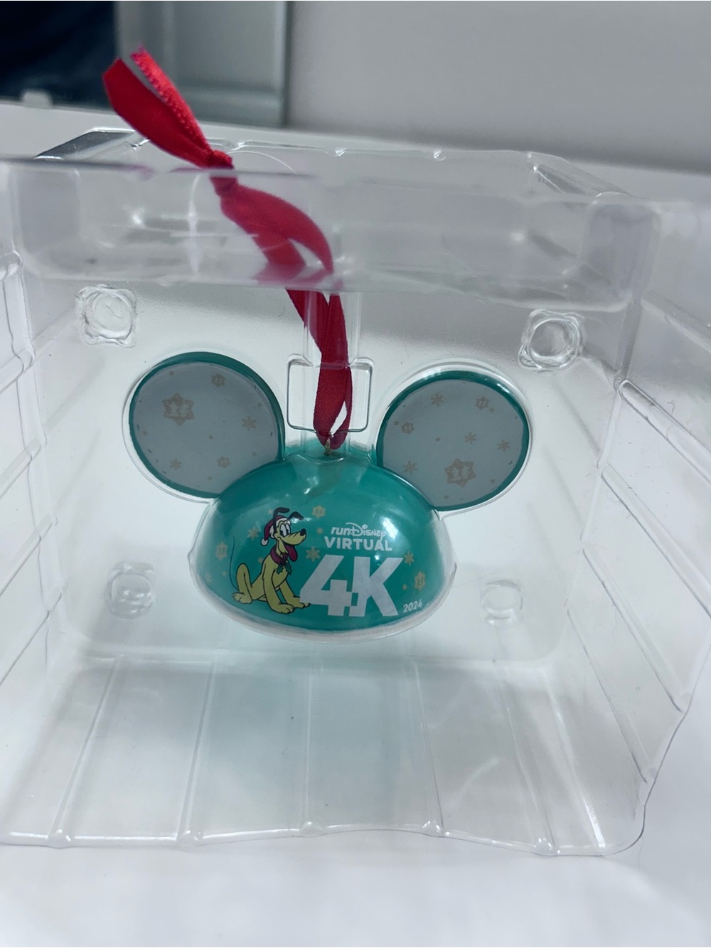 Disney Teal Mickey Ear Ornament with Pluto and Red Ribbon